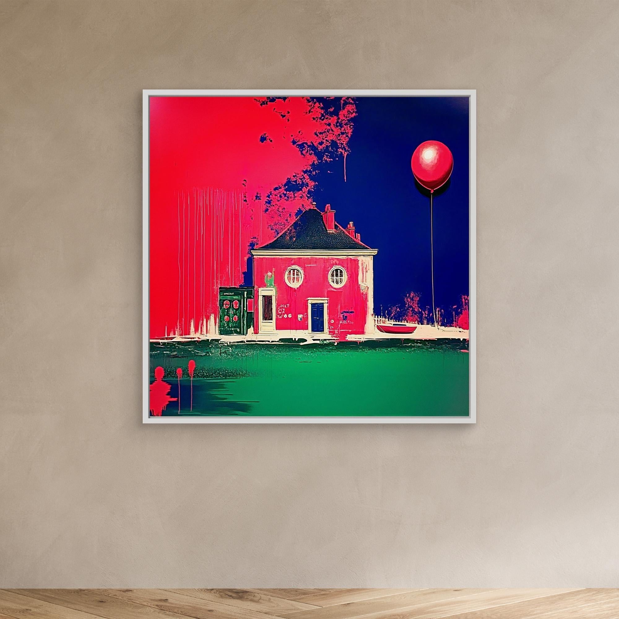 Canvas Print: Neon Nest – Surreal Modern House & Balloon Art modern abstract canvas wall art by Rossetti Art – luxury interior design artwork for living room, bedroom, office – Architectural Fantasy Art Balloon Art Print Color Splash Canvas