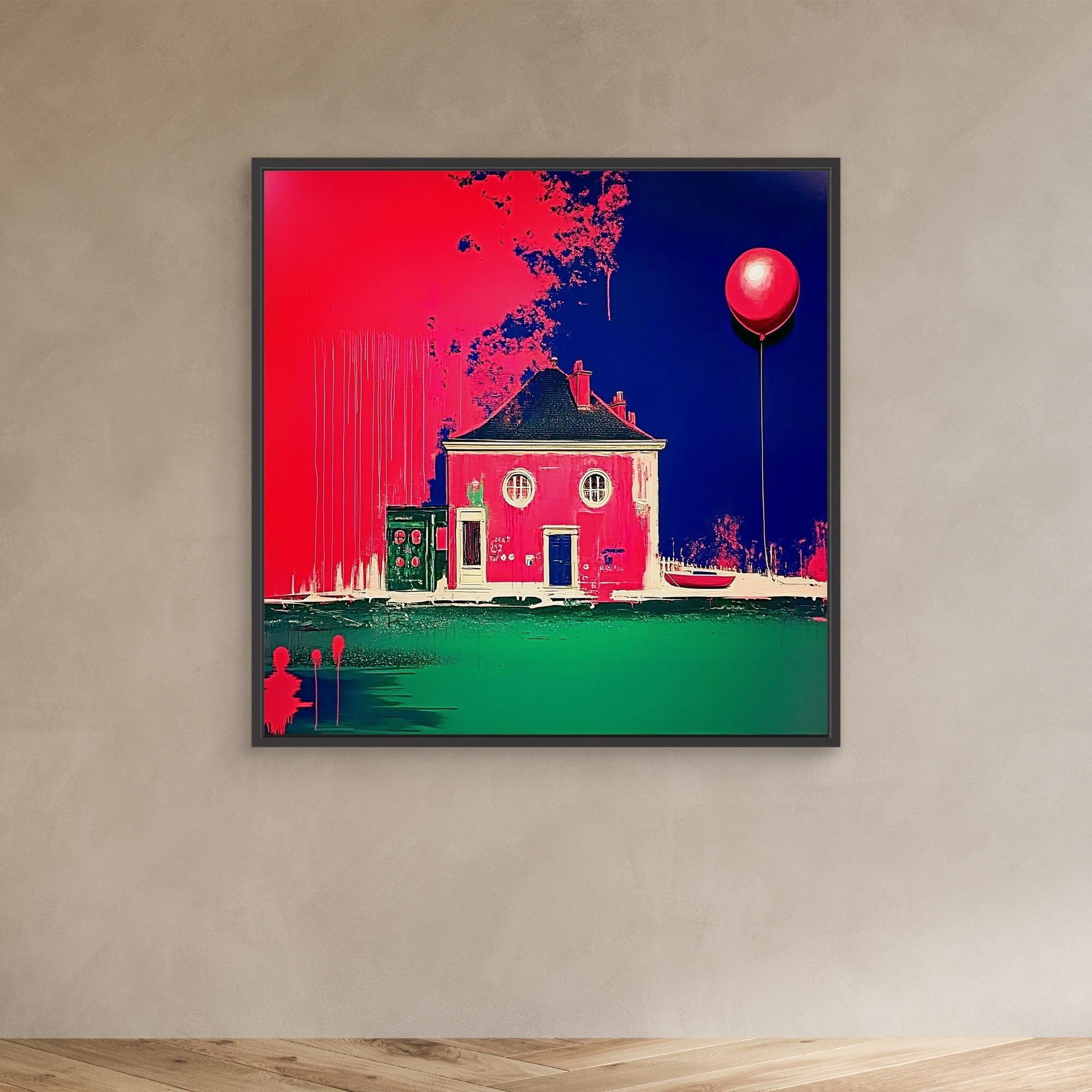 Canvas Print: Neon Nest – Surreal Modern House & Balloon Art modern abstract canvas wall art by Rossetti Art – luxury interior design artwork for living room, bedroom, office – Architectural Fantasy Art Balloon Art Print Color Splash Canvas