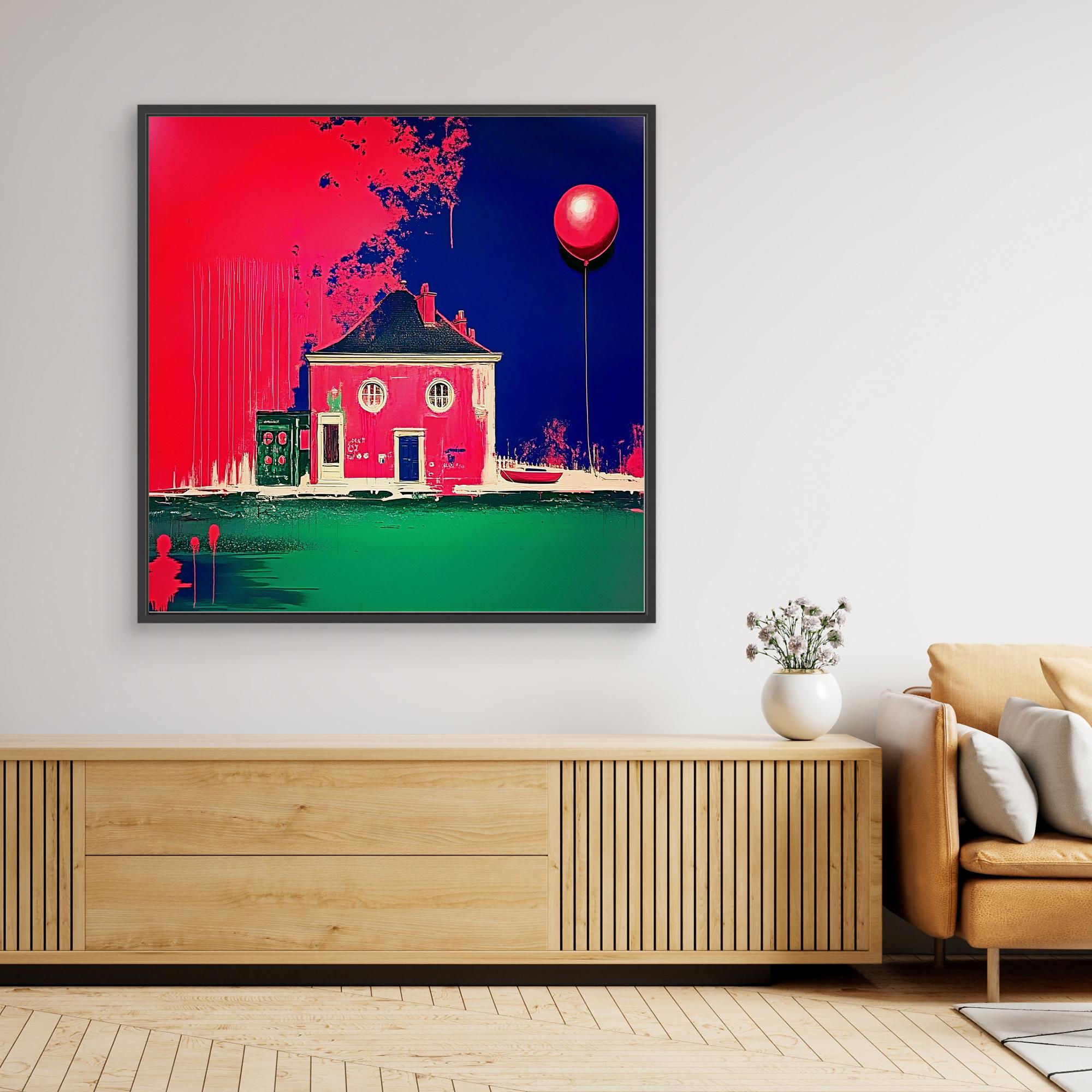 Canvas Print: Neon Nest – Surreal Modern House & Balloon Art modern abstract canvas wall art by Rossetti Art – luxury interior design artwork for living room, bedroom, office – Architectural Fantasy Art Balloon Art Print Color Splash Canvas