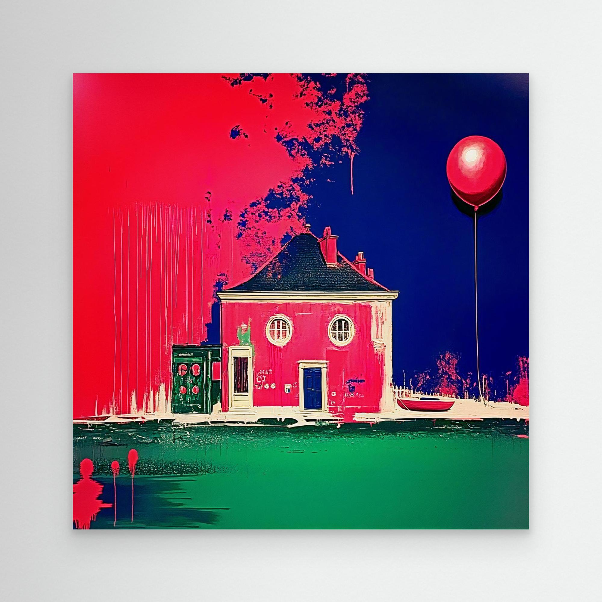 Canvas Print: Neon Nest – Surreal Modern House & Balloon Art modern abstract canvas wall art by Rossetti Art – luxury interior design artwork for living room, bedroom, office – Architectural Fantasy Art Balloon Art Print Color Splash Canvas