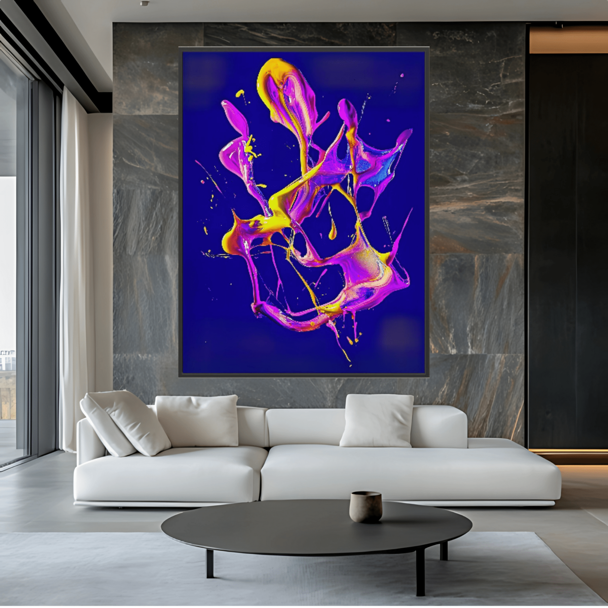 Canvas Print: "Neon Splash" - Abstract Fluid Energy Wall Art modern abstract canvas wall art by Rossetti Art – luxury interior design artwork for living room, bedroom, office – Dynamic neon statement artwork Neon splash abstract canvas print Vibrant fluid color explosion painting