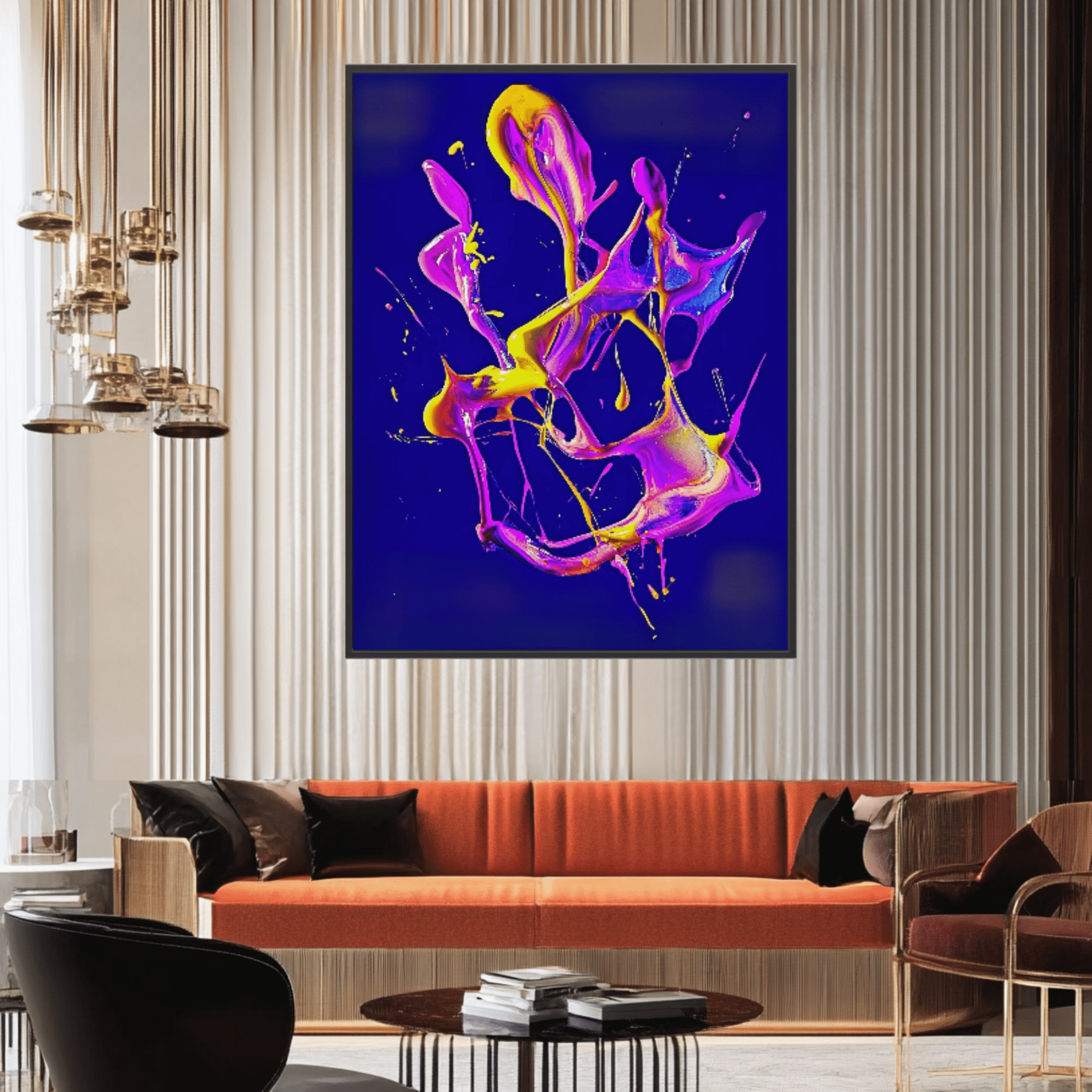 Canvas Print: "Neon Splash" - Abstract Fluid Energy Wall Art modern abstract canvas wall art by Rossetti Art – luxury interior design artwork for living room, bedroom, office – Dynamic neon statement artwork Neon splash abstract canvas print Vibrant fluid color explosion painting