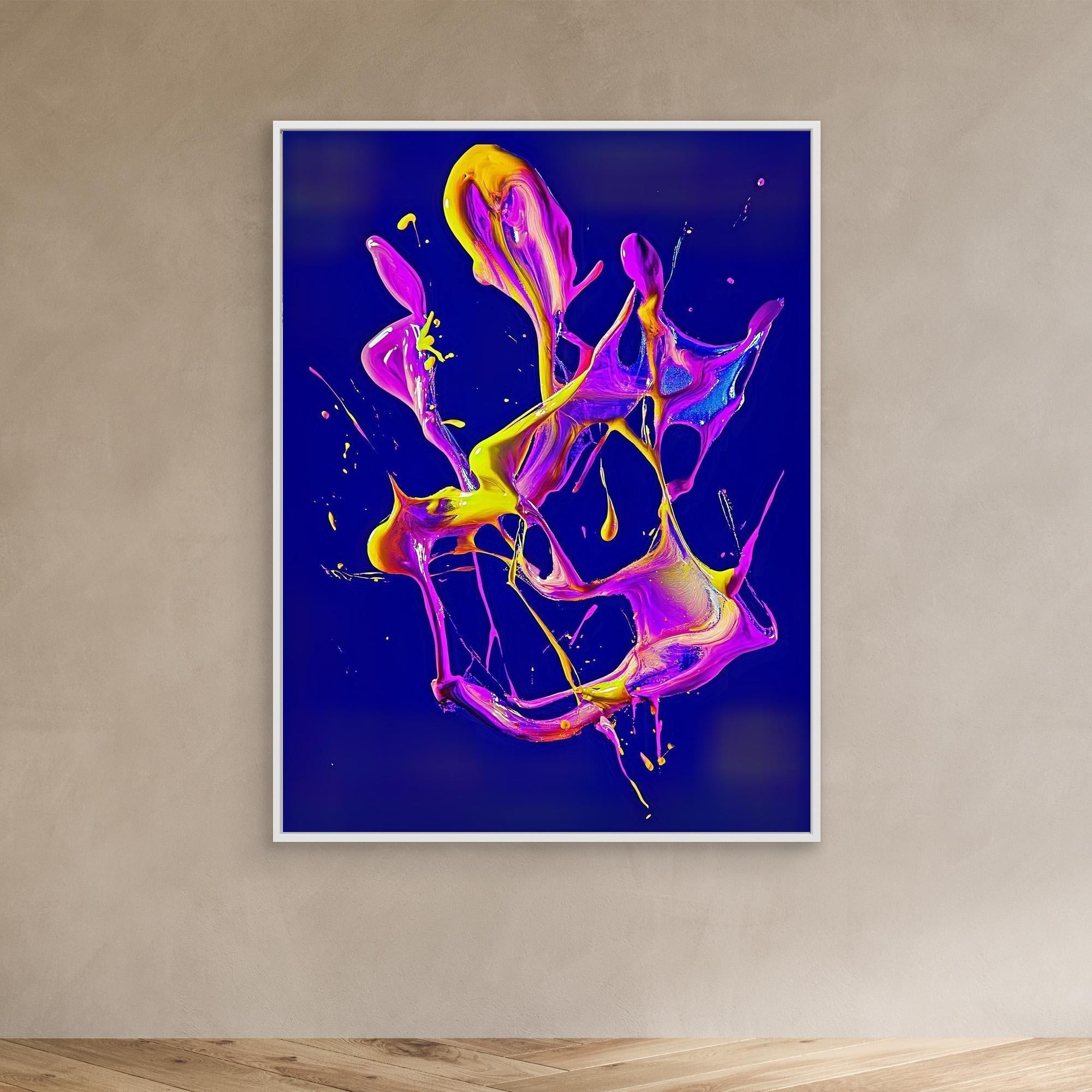 Canvas Print: "Neon Splash" - Abstract Fluid Energy Wall Art modern abstract canvas wall art by Rossetti Art – luxury interior design artwork for living room, bedroom, office – Dynamic neon statement artwork Neon splash abstract canvas print Vibrant fluid color explosion painting