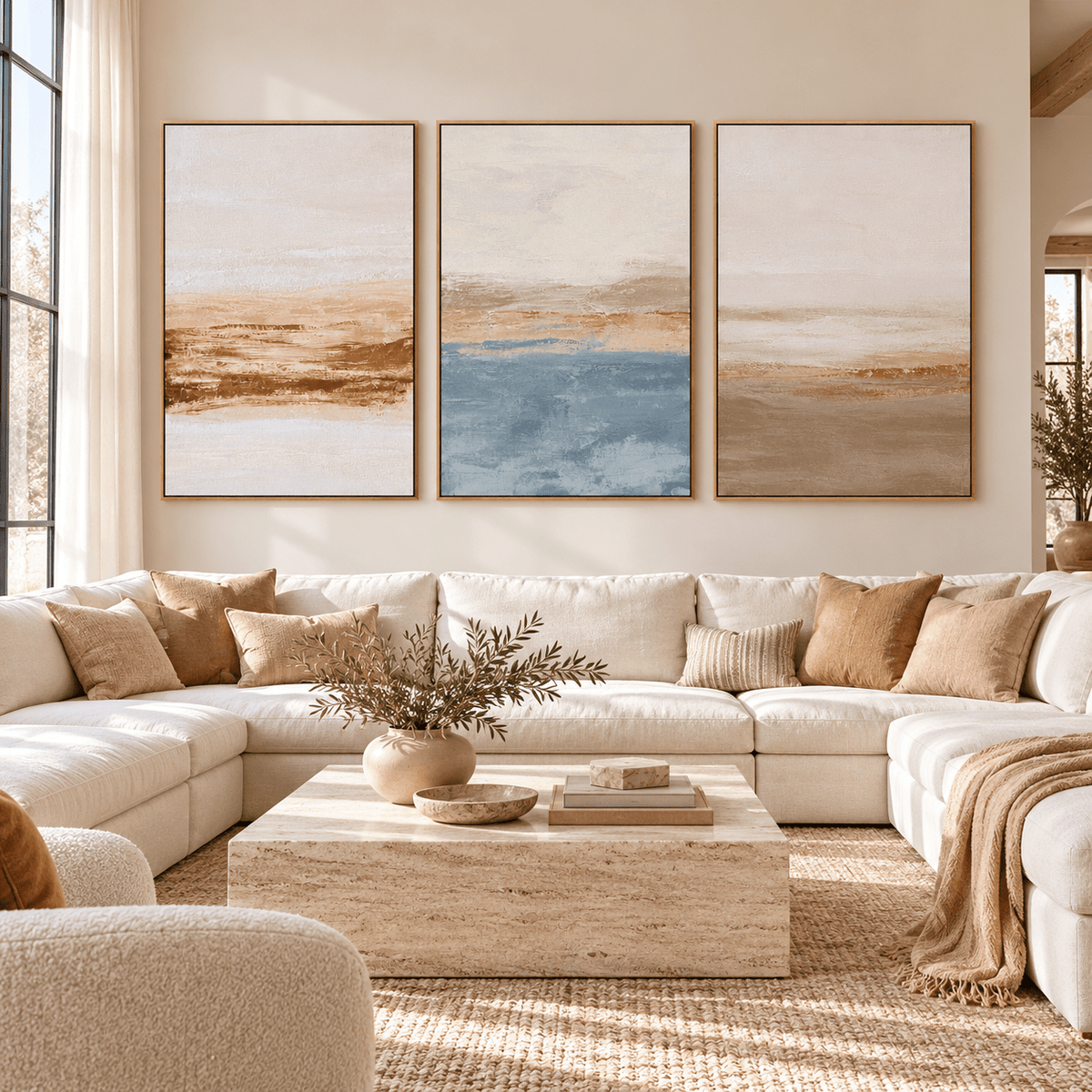 Neutral Coastal Wall Art – Soft Shoreline canvas print set of 3 by Rossetti Art, framed triptych above a linen sectional