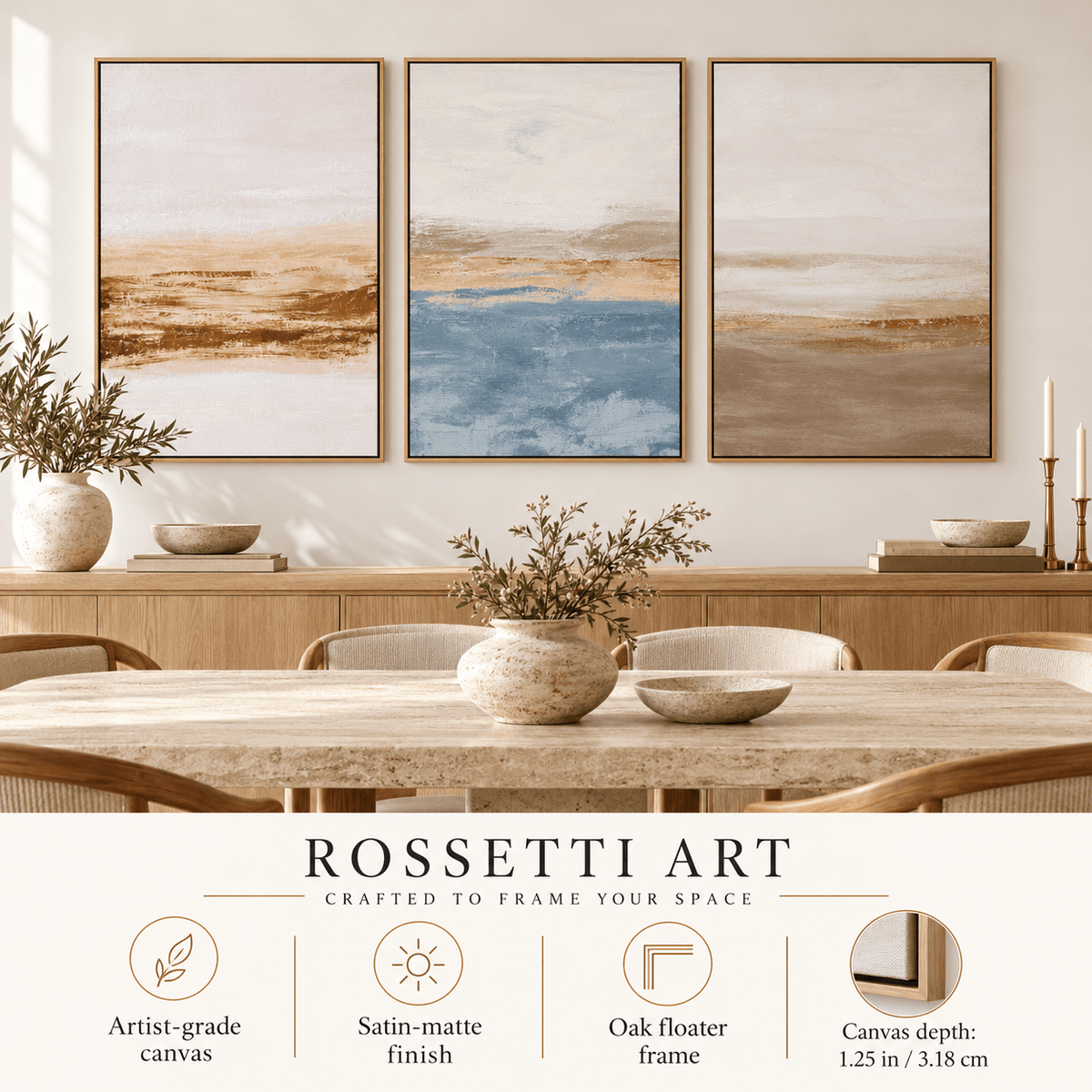Neutral Coastal Wall Art – Soft Shoreline canvas print set of 3 by Rossetti Art, framed canvas trio