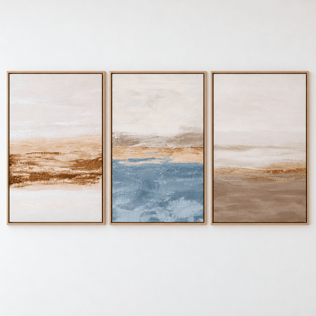 Neutral Coastal Wall Art – Soft Shoreline canvas print set of 3 by Rossetti Art, three framed abstract canvas prints
