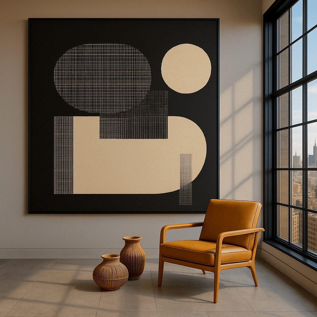 Canvas Print: Nocturnal Balance – Minimalist Geometric Canvas Print | Modern Luxury Wall Art modern abstract canvas wall art by Rossetti Art – luxury interior design artwork for living room, bedroom, office – abstract wall art contemporary wall design framed abstract canvas