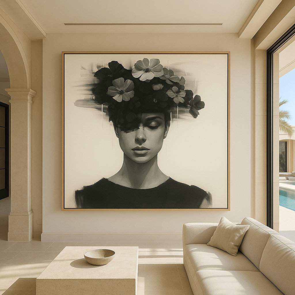 Canvas Print: Noir Bloom – Surreal Floral Portrait Wall Art Print modern abstract canvas wall art by Rossetti Art – luxury interior design artwork for living room, bedroom, office – contemporary art piece Contemporary Canvas Art Contemporary canvas print