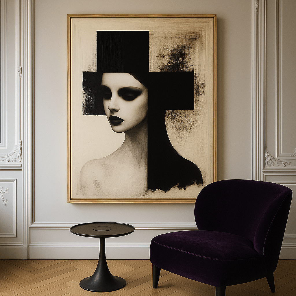 Canvas Print : Noir Muse - Modern Abstract Female Portrait Wall Art | Minimalist Black and White Framed Canvas modern abstract canvas wall art by Rossetti Art – luxury interior design artwork for living room, bedroom, office – black and white feminine canvas Contemporary Art for Sale contemporary art piece