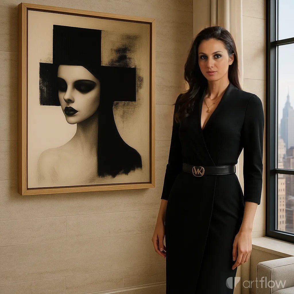 Canvas Print : Noir Muse - Modern Abstract Female Portrait Wall Art | Minimalist Black and White Framed Canvas modern abstract canvas wall art by Rossetti Art – luxury interior design artwork for living room, bedroom, office – black and white feminine canvas Contemporary Art for Sale contemporary art piece