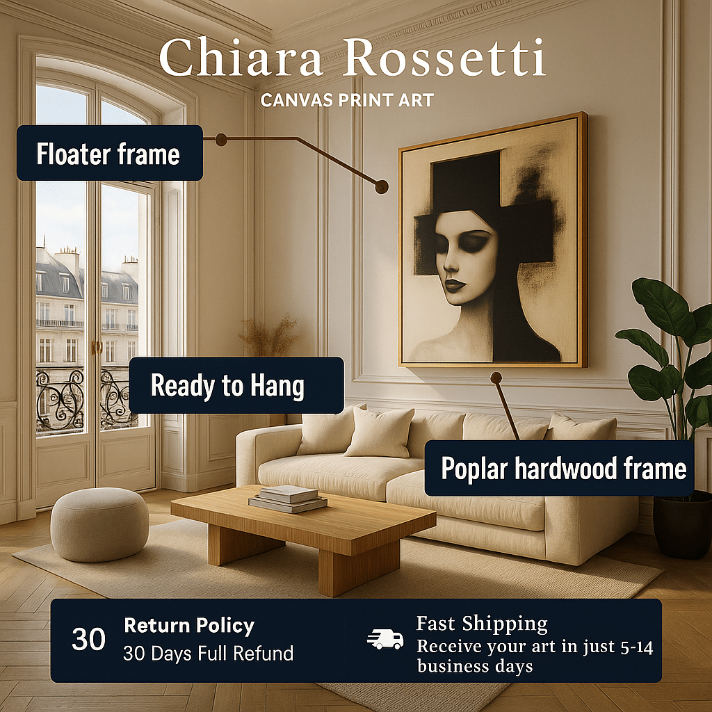 Canvas Print : Noir Muse - Modern Abstract Female Portrait Wall Art | Minimalist Black and White Framed Canvas modern abstract canvas wall art by Rossetti Art – luxury interior design artwork for living room, bedroom, office – black and white feminine canvas Contemporary Art for Sale contemporary art piece