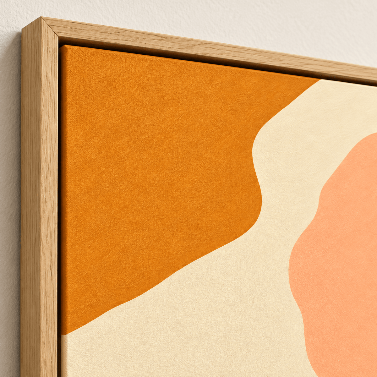 Orange Abstract Wall Art – Warm Current canvas print by Rossetti Art, close-up of the oak floater frame corner