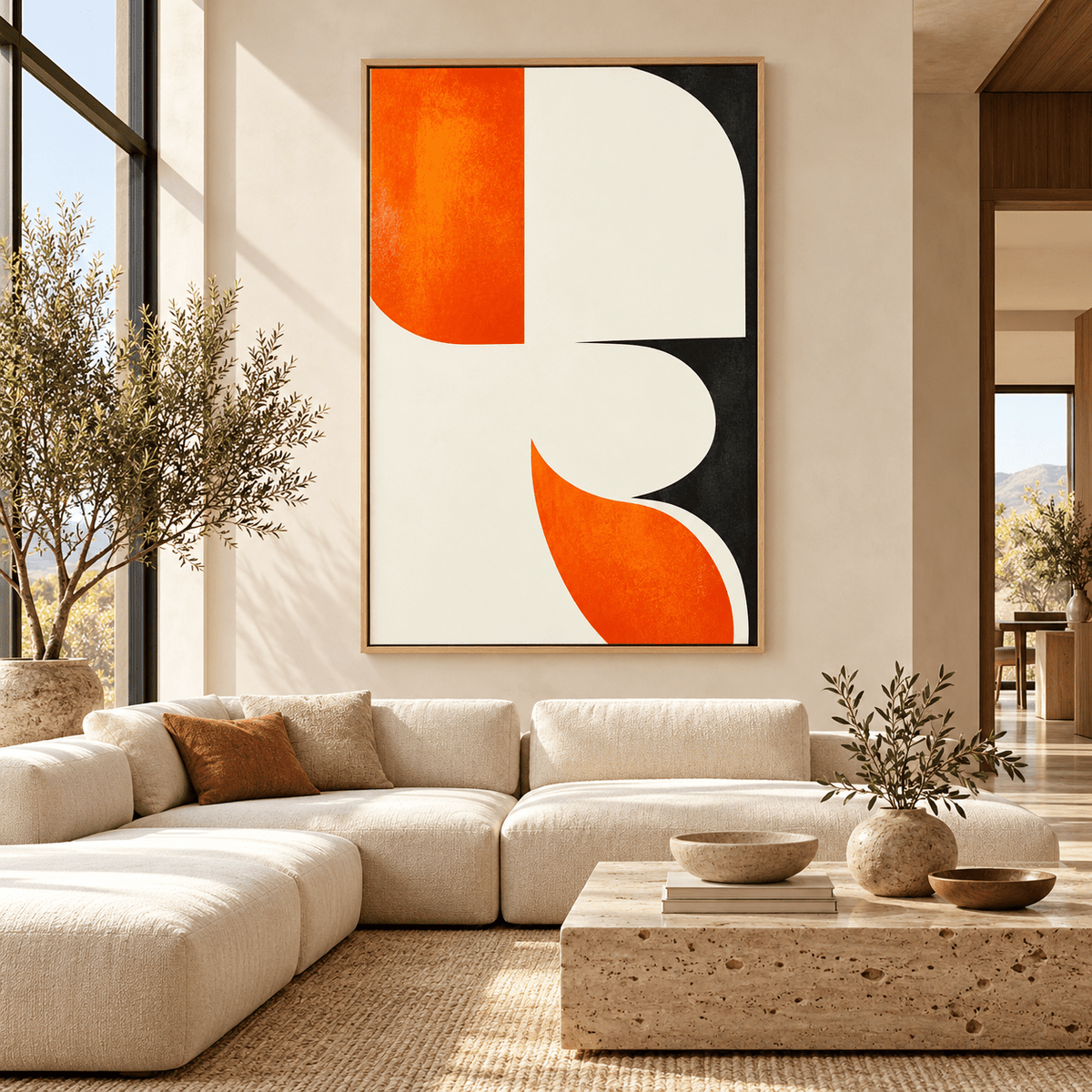 Orange and Black Wall Art – Vermilion Arc large vertical canvas above a cream sofa in a sunlit living room by Rossetti Art