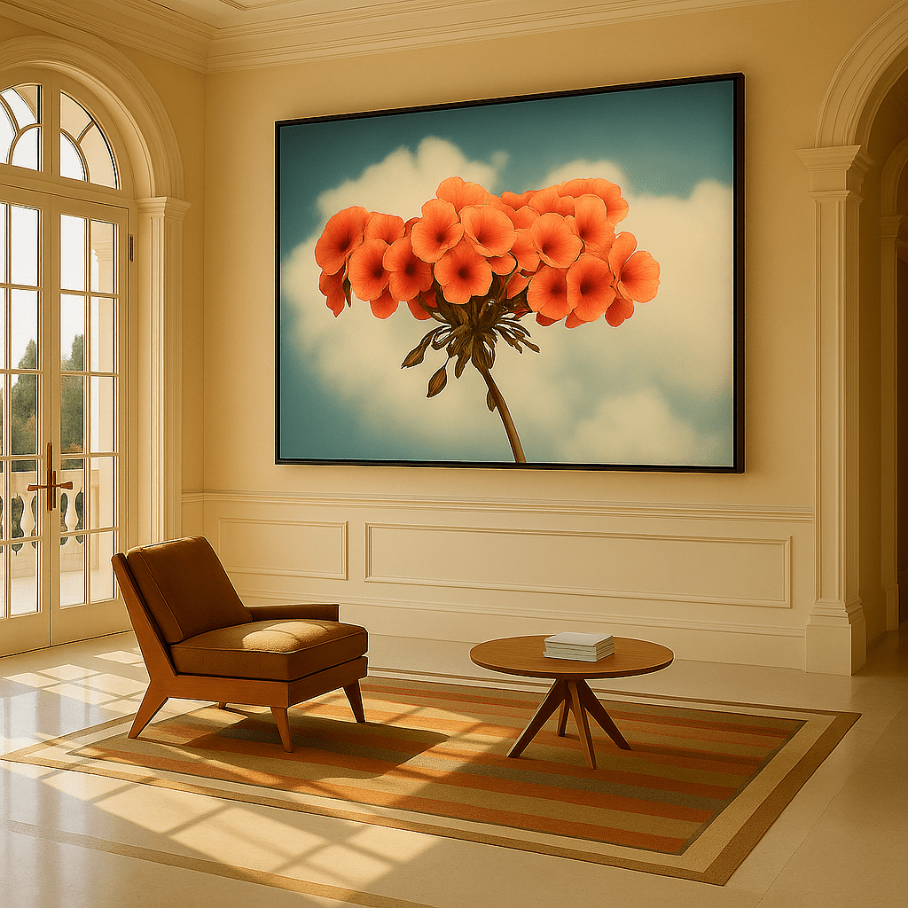 Canvas Print: Orange Floral Canvas Wall Art – Vibrant Bloom Against Sky modern abstract canvas wall art by Rossetti Art – luxury interior design artwork for living room, bedroom, office – bold flower painting botanical sky print contemporary art piece