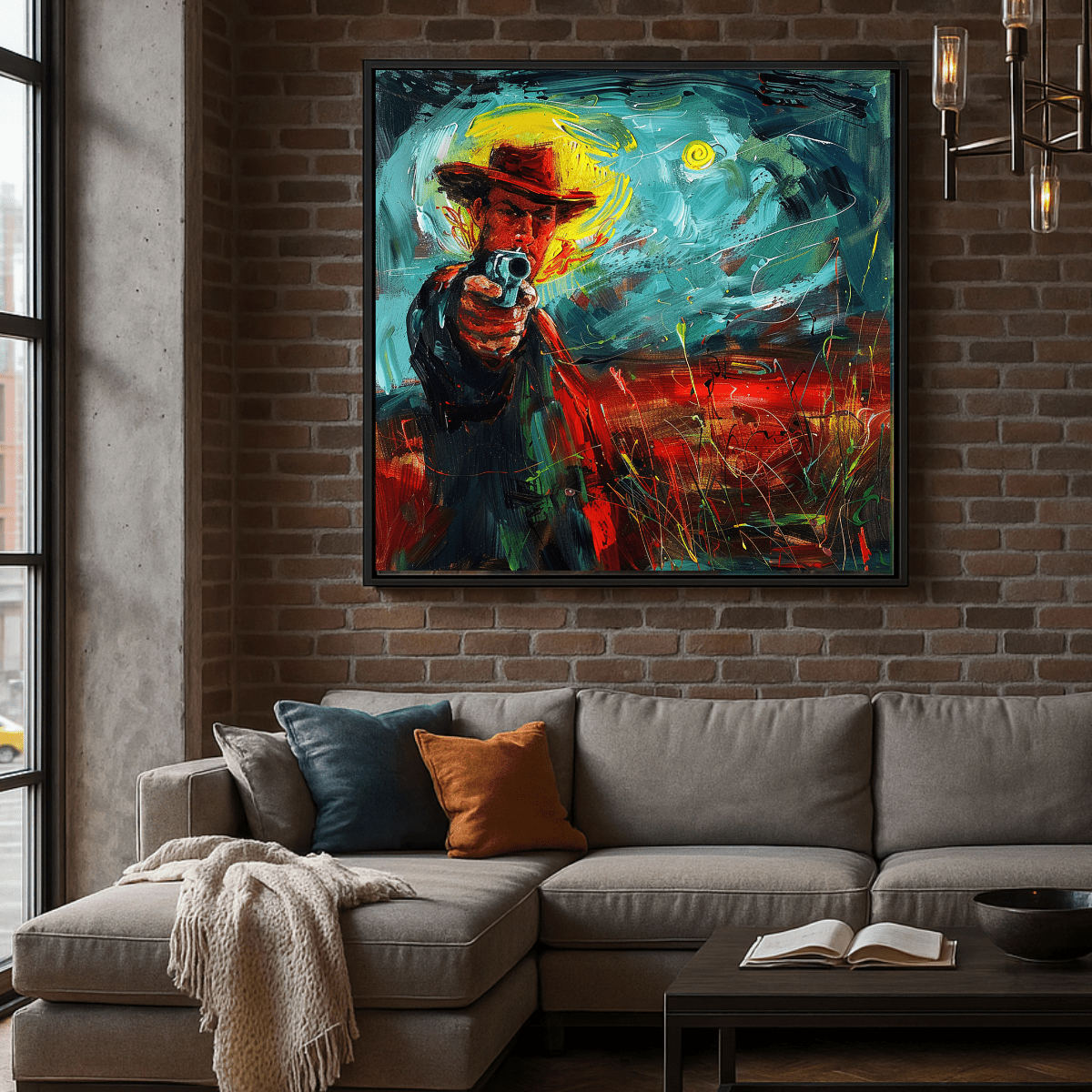 Canvas Print: Outlaw’s Gaze – Modern Cowboy Canvas Print | Expressive Western Wall Art for Bold Interiors modern abstract canvas wall art by Rossetti Art – luxury interior design artwork for living room, bedroom, office – abstract wall art canvas print art Chiara Rossetti