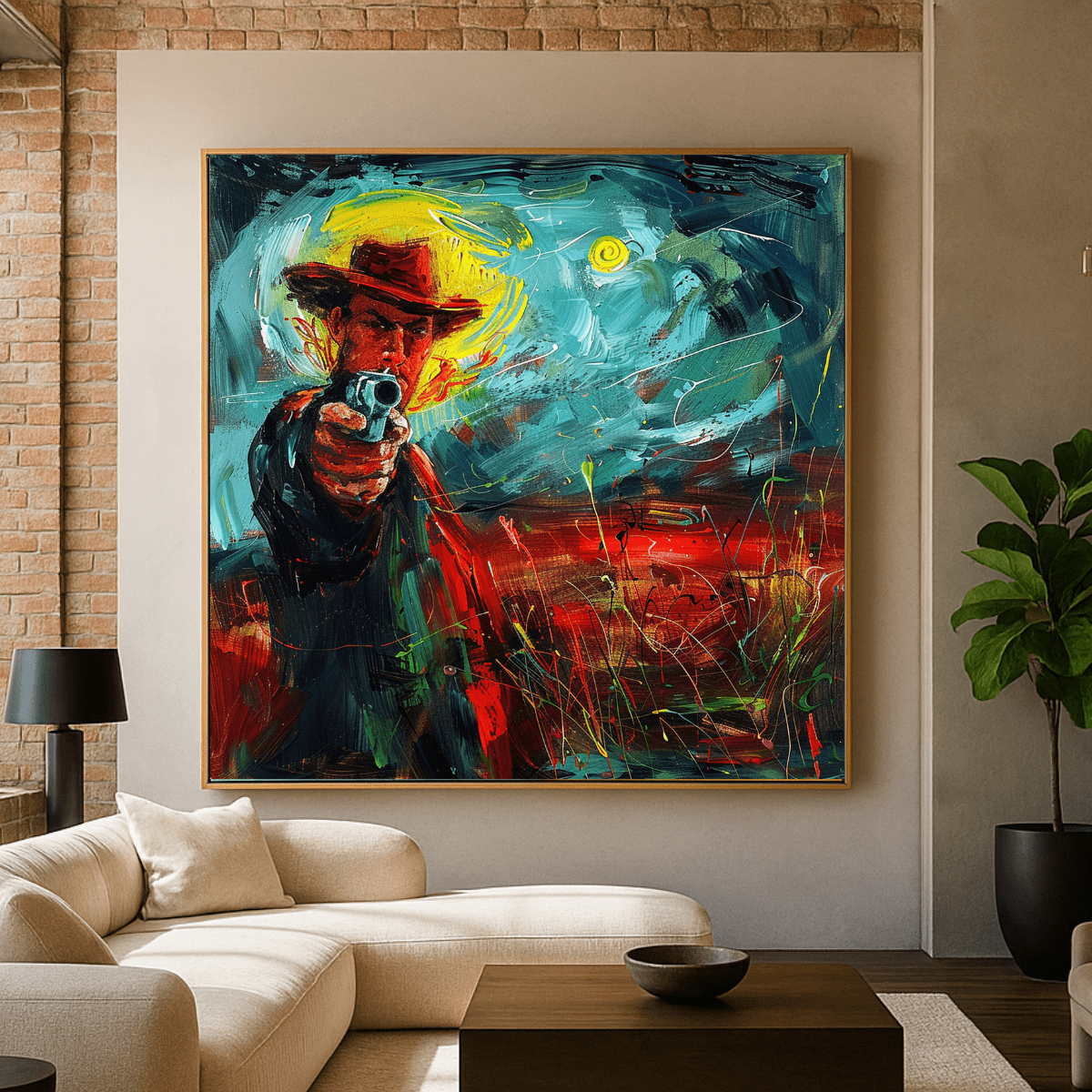 Canvas Print: Outlaw’s Gaze – Modern Cowboy Canvas Print | Expressive Western Wall Art for Bold Interiors modern abstract canvas wall art by Rossetti Art – luxury interior design artwork for living room, bedroom, office – abstract wall art canvas print art Chiara Rossetti