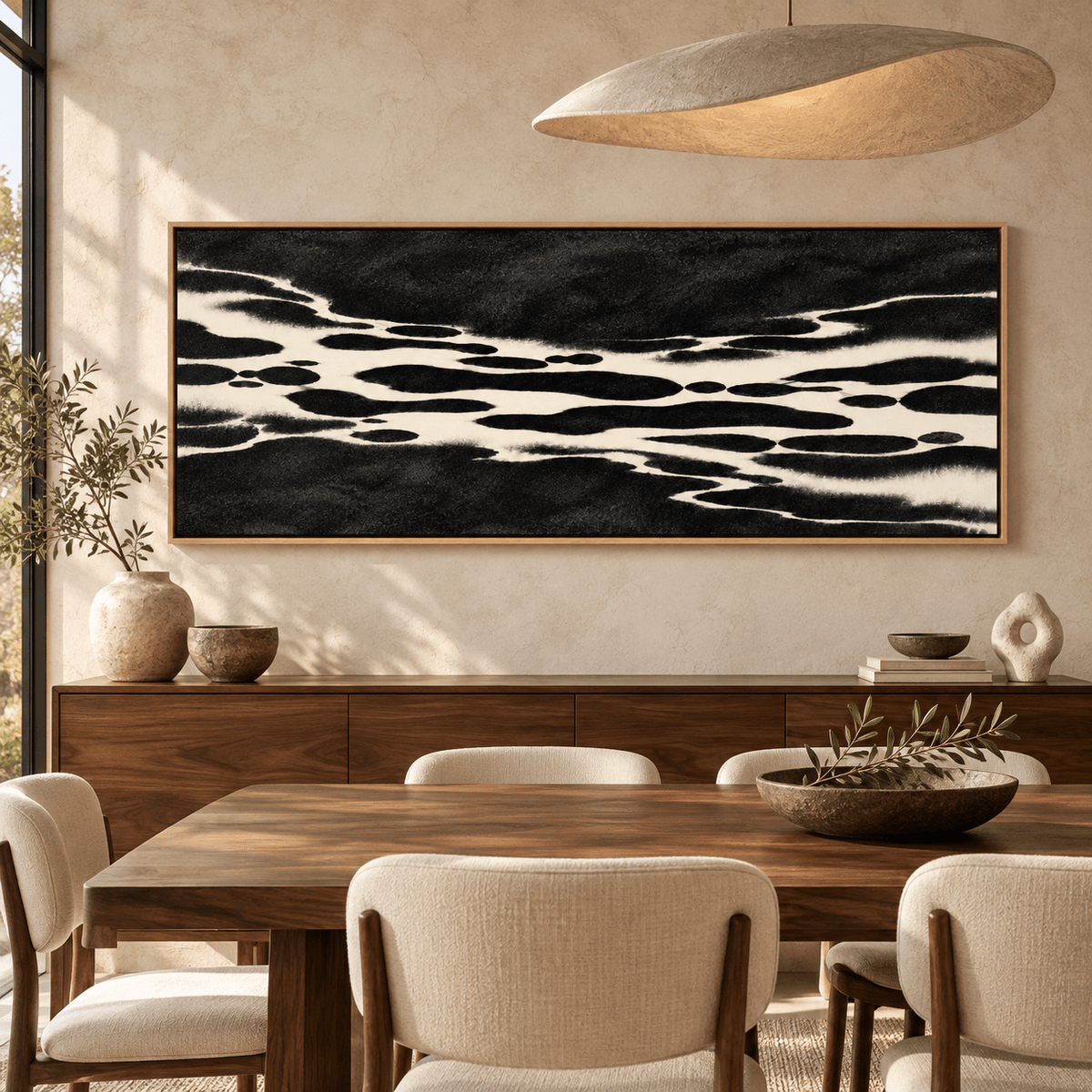 Panoramic Wall Art Canvas Print – Ink Current above a dining room sideboard by Rossetti Art