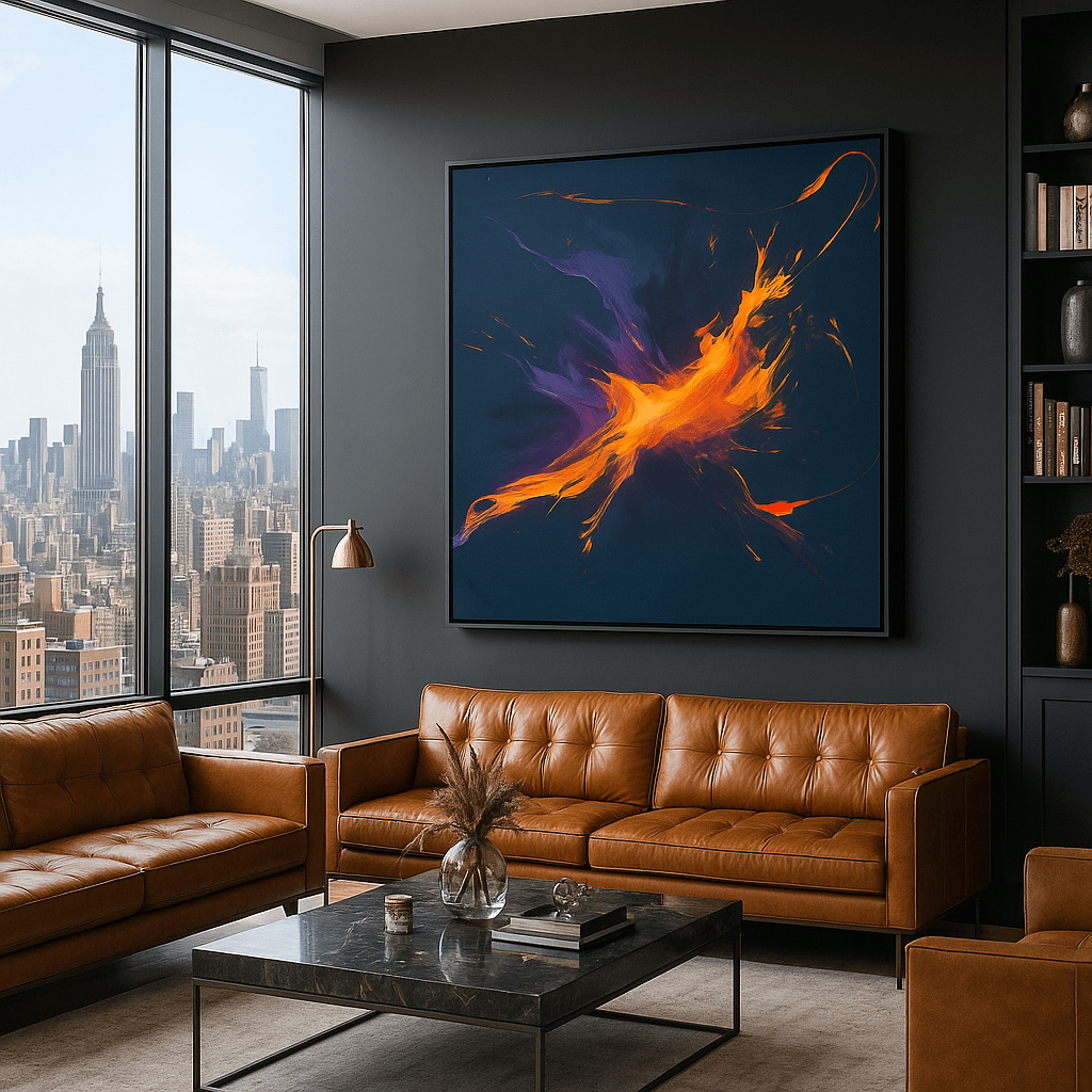 Canvas Print: Phoenix Radiance – Fiery Abstract Canvas Print in Orange and Violet for Modern Luxury Interiors modern abstract canvas wall art by Rossetti Art – luxury interior design artwork for living room, bedroom, office – abstract wall art canvas print art Chiara Rossetti