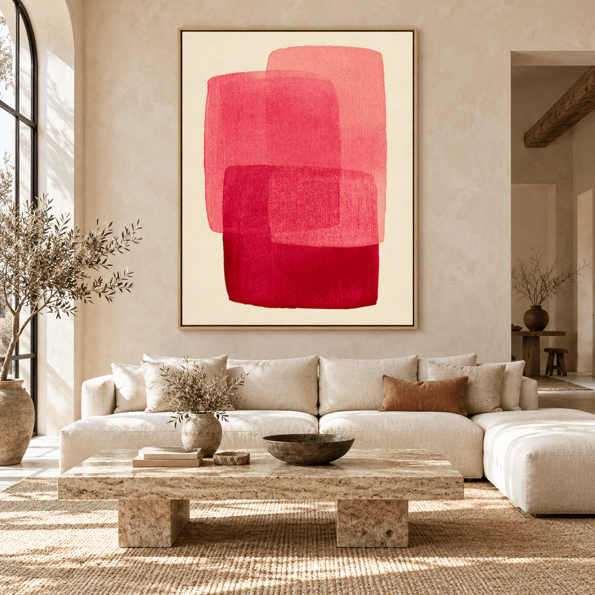 Pink Abstract Wall Art – Rose Veils by Rossetti Art above a sofa