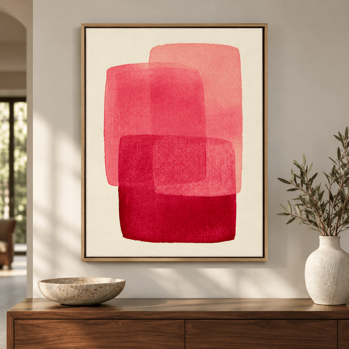 Pink Abstract Wall Art – Rose Veils coral and crimson canvas print by Rossetti Art