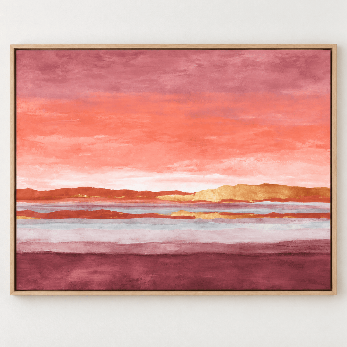 Pink and Gold Wall Art – Gilded Dusk by Rossetti Art – coral sunset sky over gold-toned ridges and a burgundy shore, framed front view