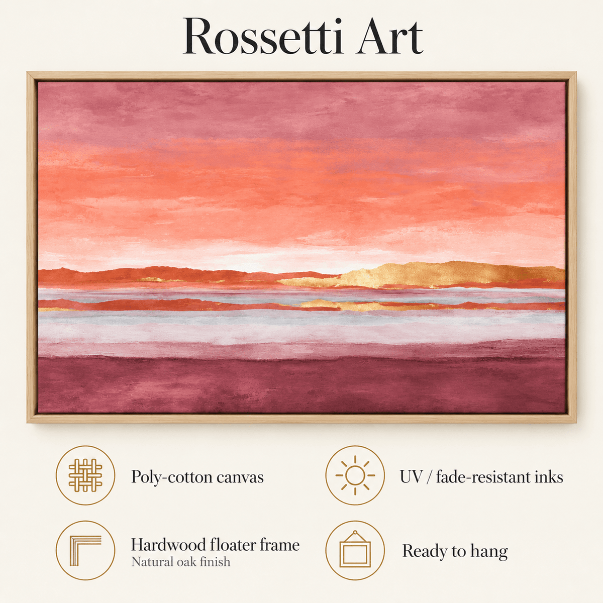Pink and Gold Wall Art – Gilded Dusk by Rossetti Art – poly-cotton canvas, UV and fade-resistant inks, hardwood floater frame, ready to hang