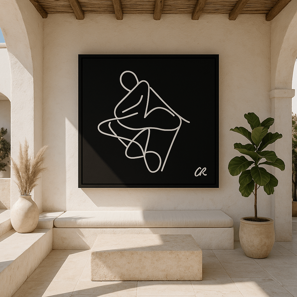 Canvas Print: Poised Form – Minimalist Line Art Silhouette in White on Black modern abstract canvas wall art by Rossetti Art – luxury interior design artwork for living room, bedroom, office – Bold and Dynamic Artistic Home Accent Colorful Statement Wall Art Contemporary Grid Art