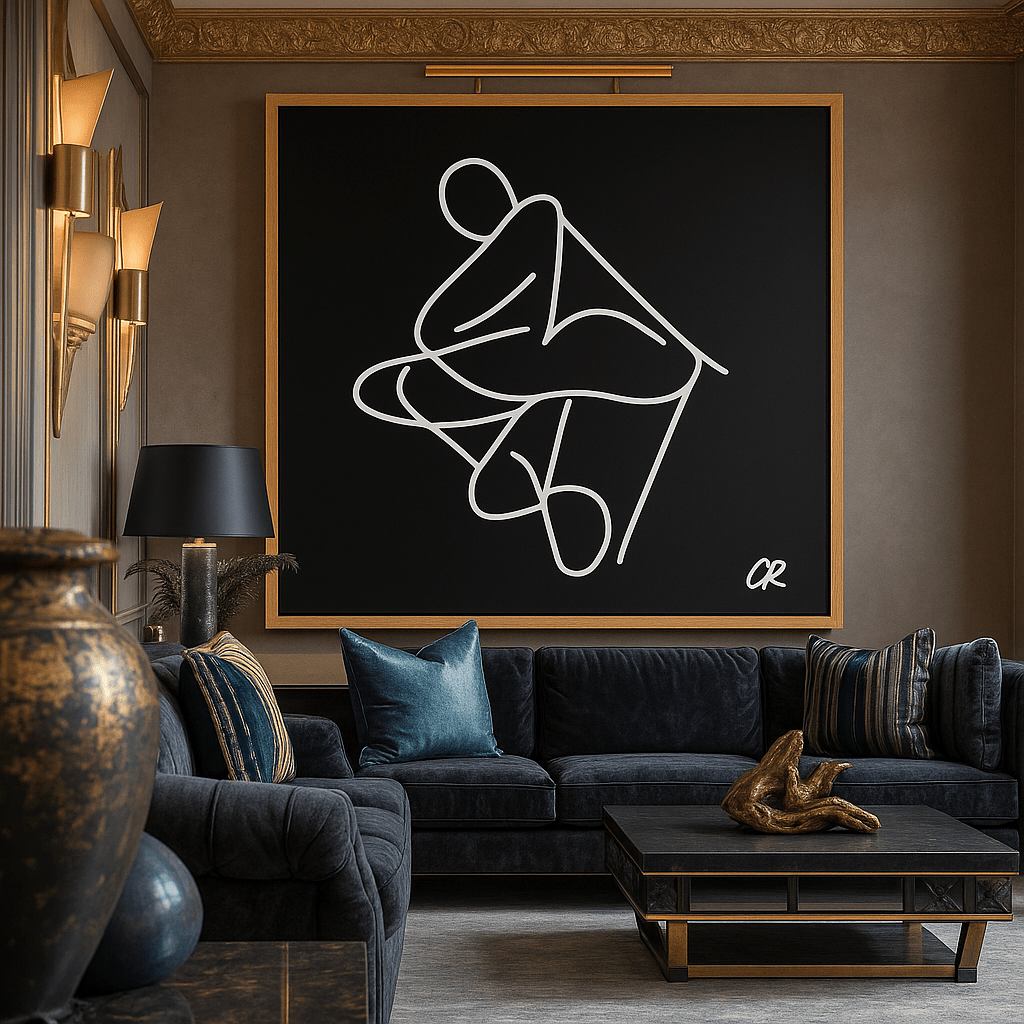 Canvas Print: Poised Form – Minimalist Line Art Silhouette in White on Black modern abstract canvas wall art by Rossetti Art – luxury interior design artwork for living room, bedroom, office – Bold and Dynamic Artistic Home Accent Colorful Statement Wall Art Contemporary Grid Art
