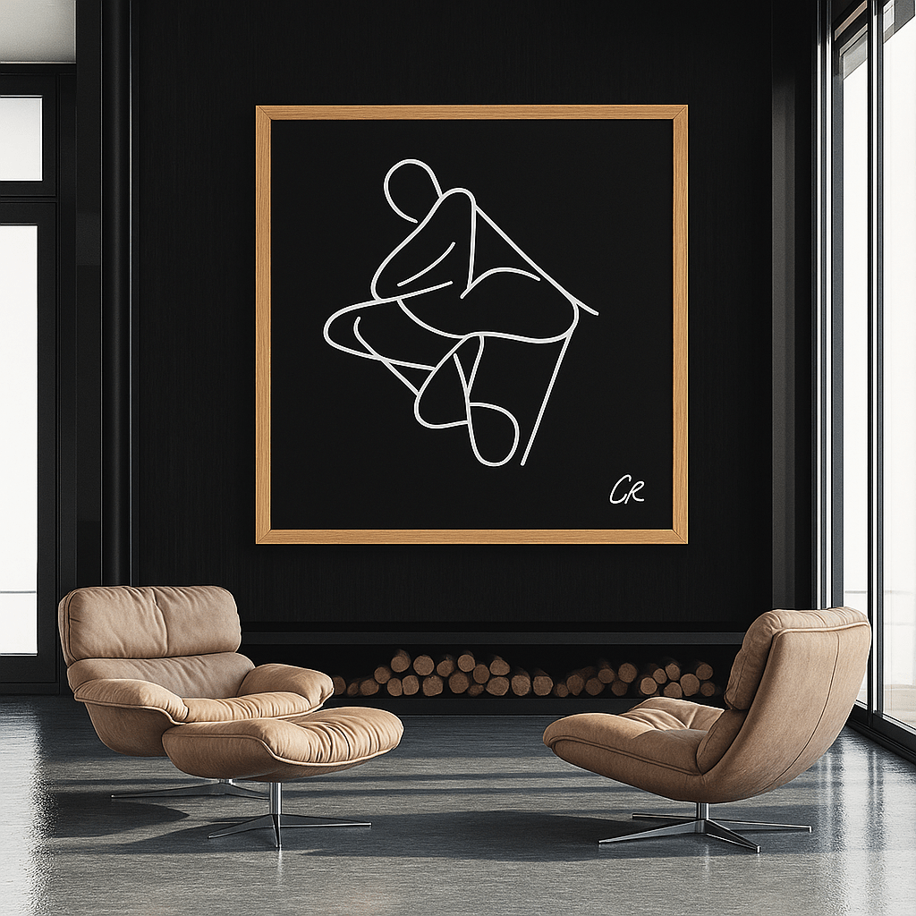 Canvas Print: Poised Form – Minimalist Line Art Silhouette in White on Black modern abstract canvas wall art by Rossetti Art – luxury interior design artwork for living room, bedroom, office – Bold and Dynamic Artistic Home Accent Colorful Statement Wall Art Contemporary Grid Art