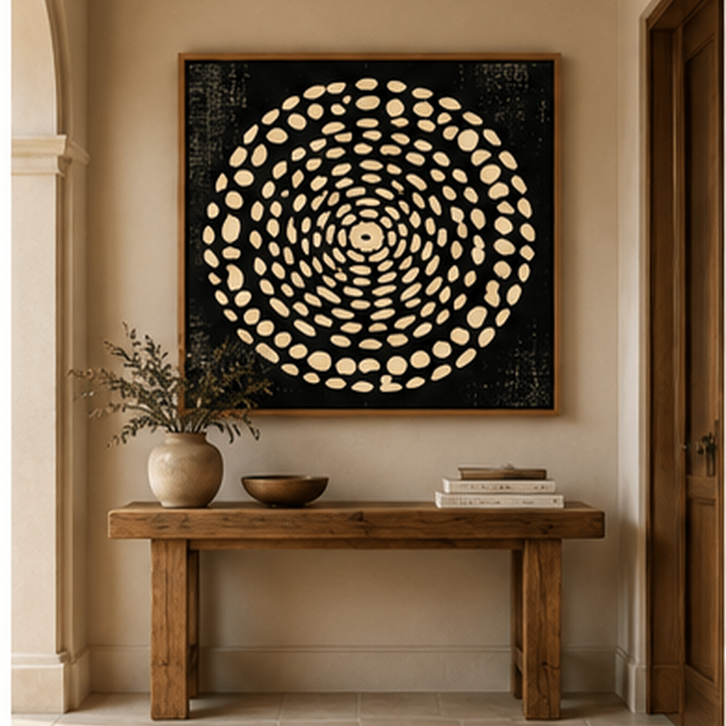 Square black and cream spiral abstract canvas print in oak floating frame styled in a modern entryway