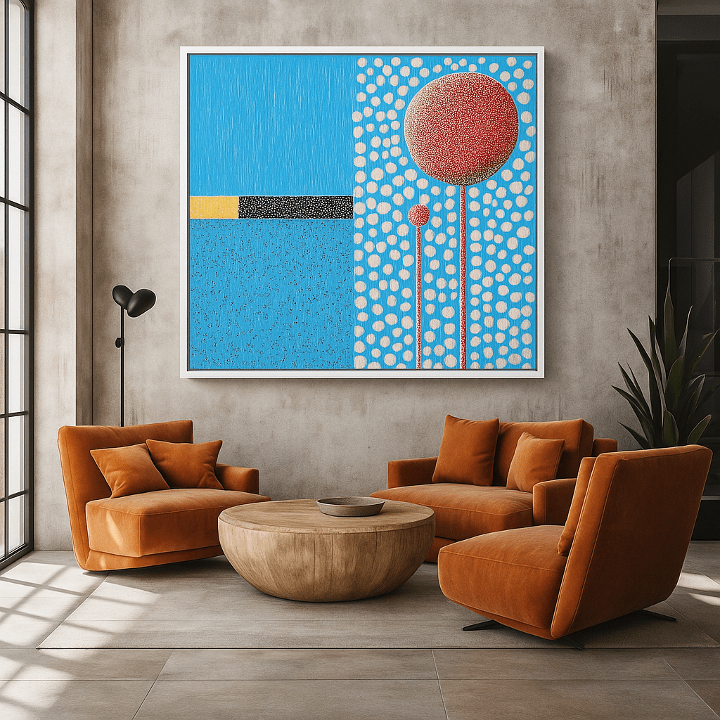 Canvas Print : Polka Sky - Blue Abstract Wall Art with Red Accents modern abstract canvas wall art by Rossetti Art – luxury interior design artwork for living room, bedroom, office – blue abstract framed canvas modern abstract art prints modern abstract canvas art