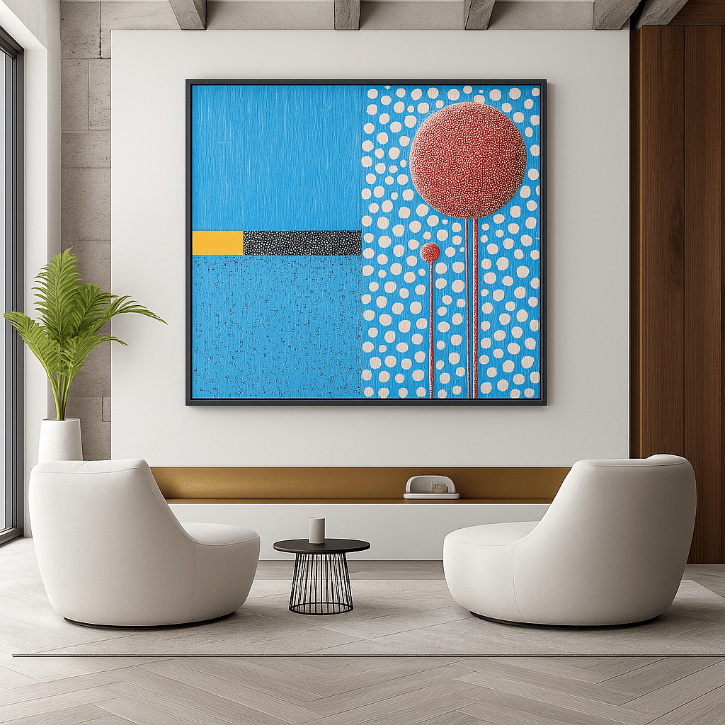 Canvas Print : Polka Sky - Blue Abstract Wall Art with Red Accents modern abstract canvas wall art by Rossetti Art – luxury interior design artwork for living room, bedroom, office – blue abstract framed canvas modern abstract art prints modern abstract canvas art