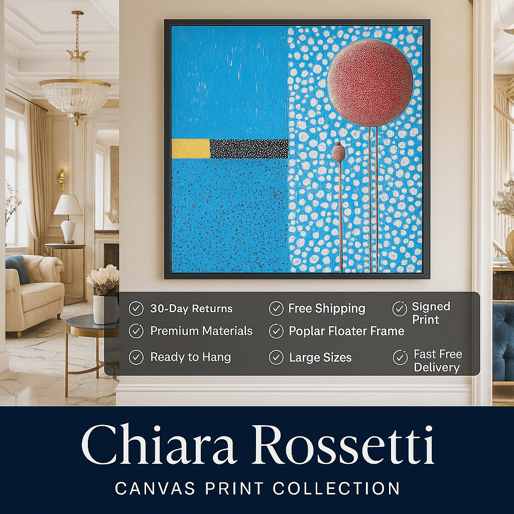 Canvas Print : Polka Sky - Blue Abstract Wall Art with Red Accents modern abstract canvas wall art by Rossetti Art – luxury interior design artwork for living room, bedroom, office – blue abstract framed canvas modern abstract art prints modern abstract canvas art