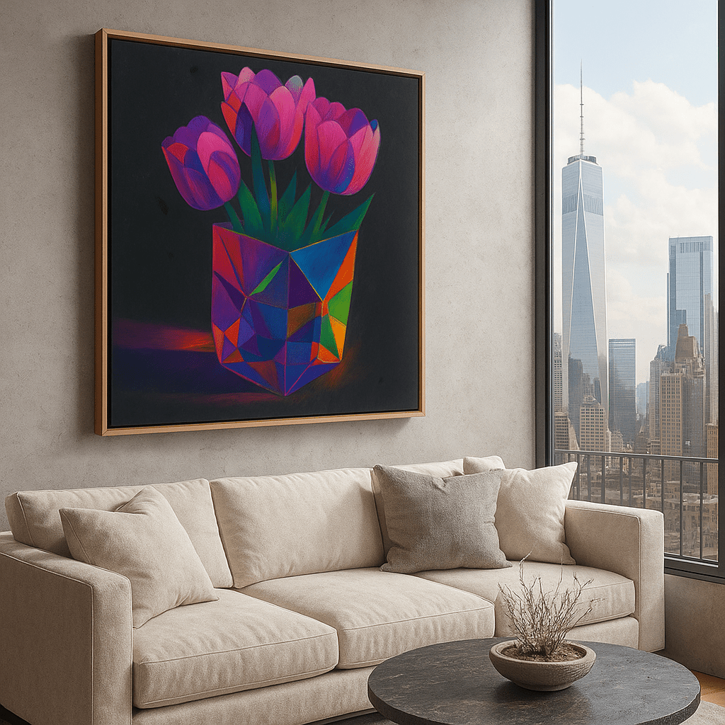 Canvas Print: Prismatic Bloom – Modern Abstract Floral Canvas Print in Vivid Colors | Rossetti Art modern abstract canvas wall art by Rossetti Art – luxury interior design artwork for living room, bedroom, office – abstract wall art canvas print art Chiara Rossetti