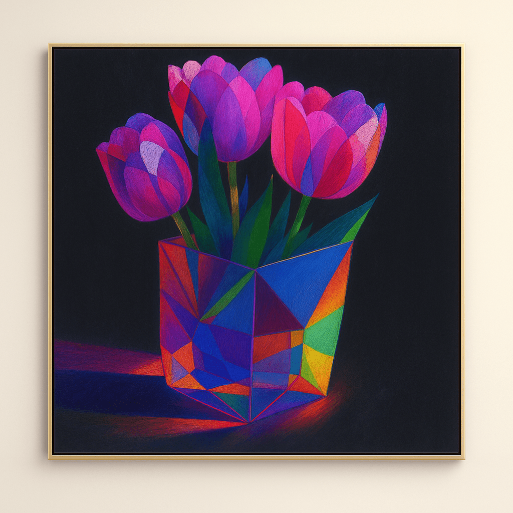 Canvas Print: Prismatic Bloom – Modern Abstract Floral Canvas Print in Vivid Colors | Rossetti Art modern abstract canvas wall art by Rossetti Art – luxury interior design artwork for living room, bedroom, office – abstract wall art canvas print art Chiara Rossetti