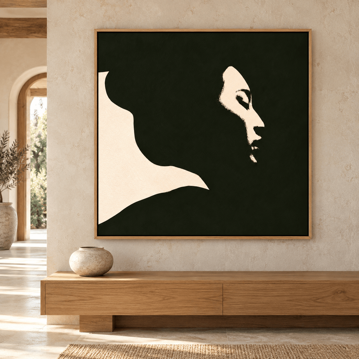 Profile Silhouette Art Canvas Print – Quiet Profile by Rossetti Art above a wooden console in an entryway