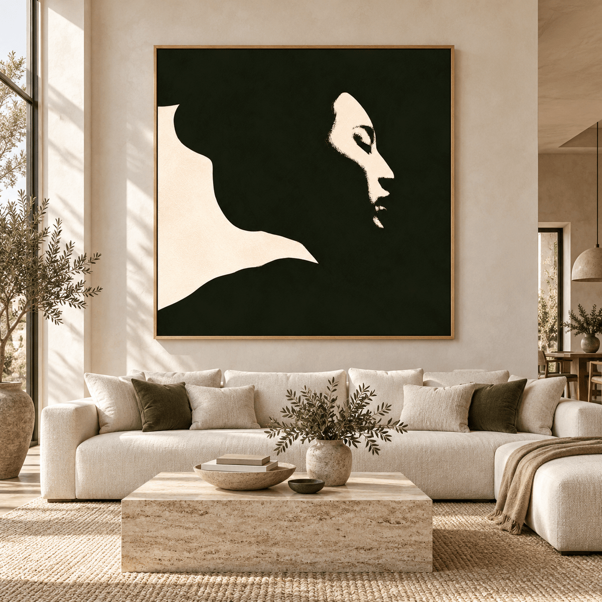 Profile Silhouette Art Canvas Print – Quiet Profile by Rossetti Art above a cream sofa in a bright living room