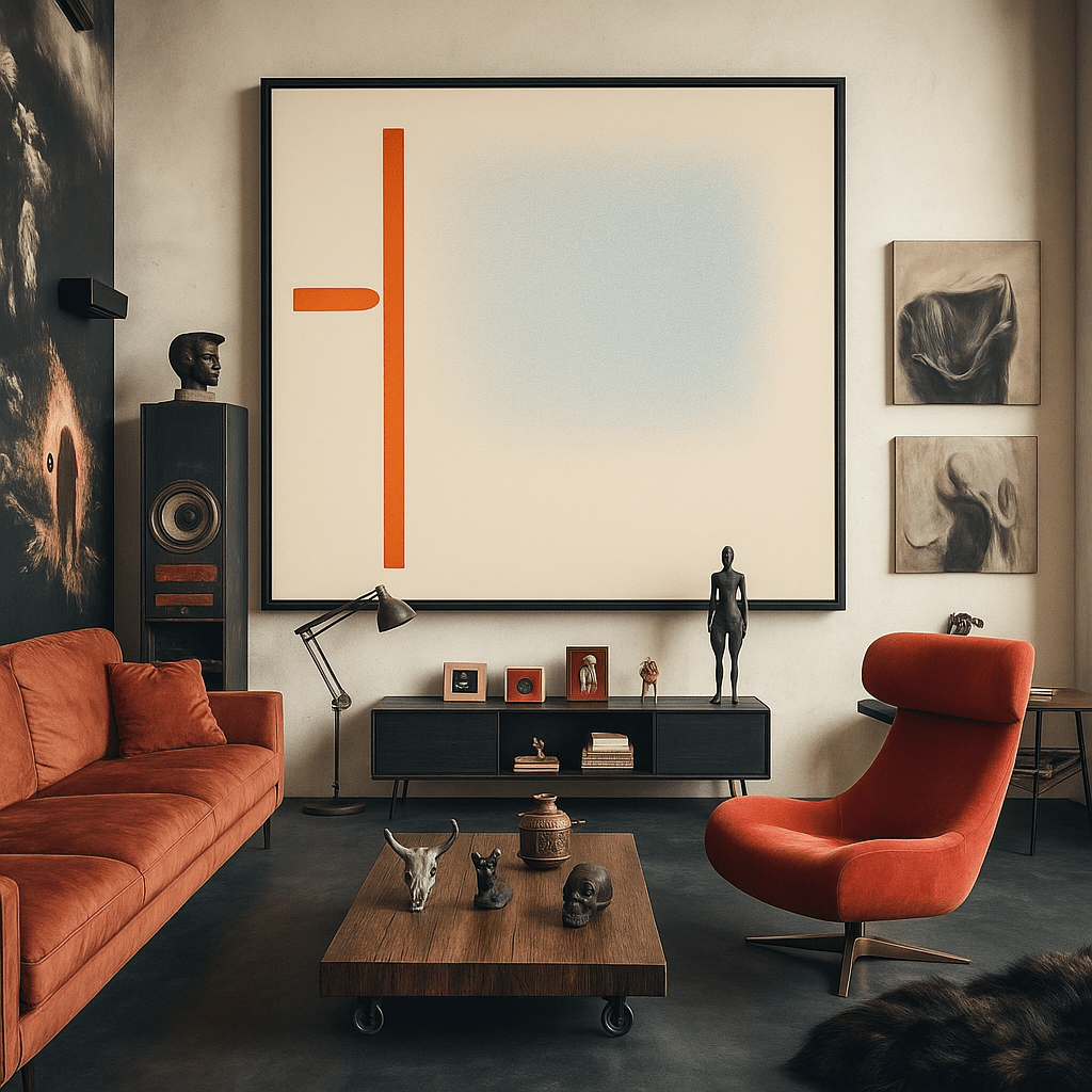 Canvas Print: Quiet Division – Minimalist Abstract Art with Red Line and Speckle Gradient modern abstract canvas wall art by Rossetti Art – luxury interior design artwork for living room, bedroom, office – Contemporary Art for Sale contemporary art piece Contemporary art print