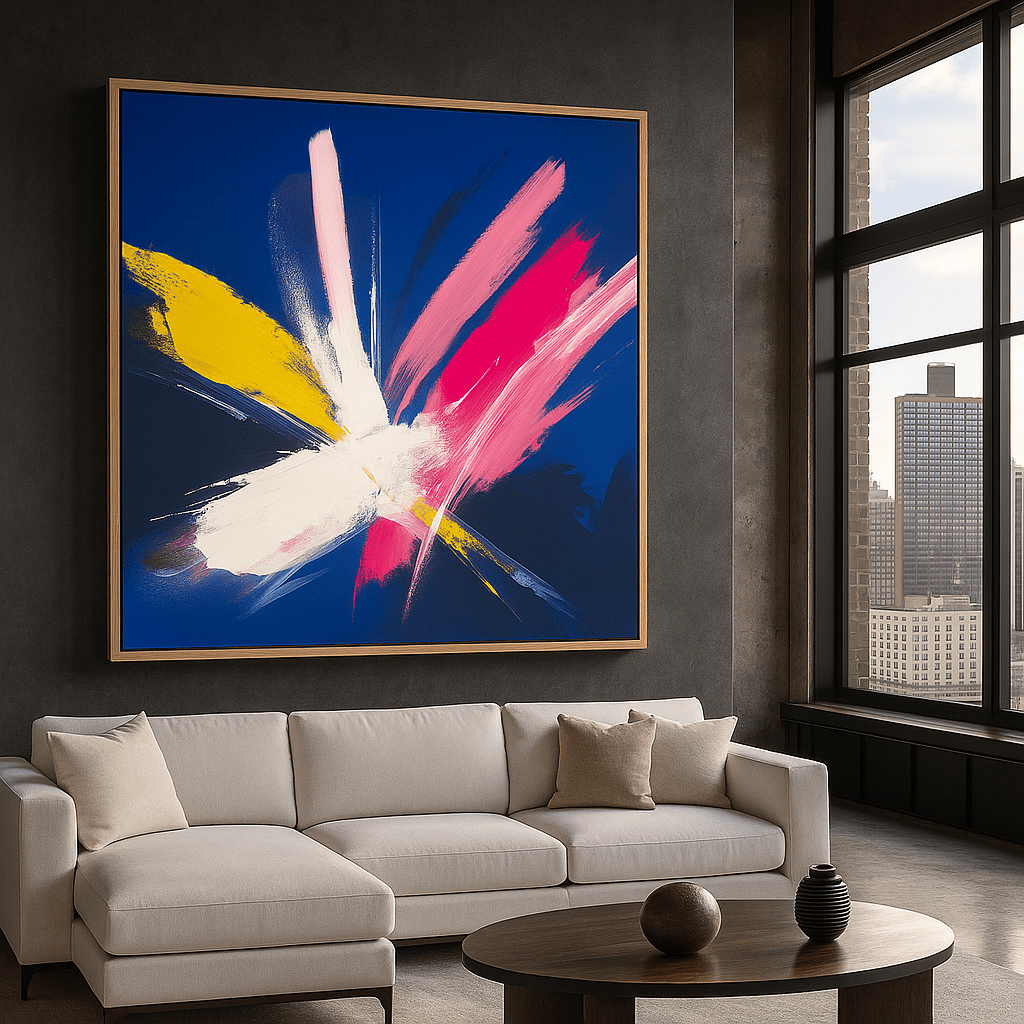Canvas Print: Radiant Bloom – Contemporary Abstract Canvas Print in Pink, Yellow & Blue modern abstract canvas wall art by Rossetti Art – luxury interior design artwork for living room, bedroom, office – abstractnew canvas print art Chiara Rossetti