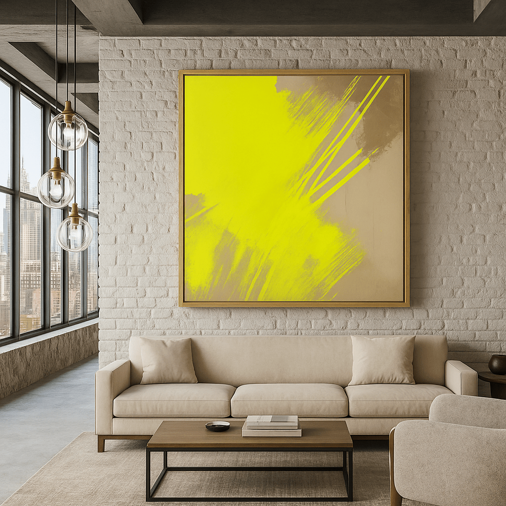 Canvas Print: Radiant Momentum – Modern Abstract Canvas Print in Yellow & Taupe | Luxury Wall Art by Chiara Rossetti modern abstract canvas wall art by Rossetti Art – luxury interior design artwork for living room, bedroom, office – abstract wall art canvas print art Chiara Rossetti