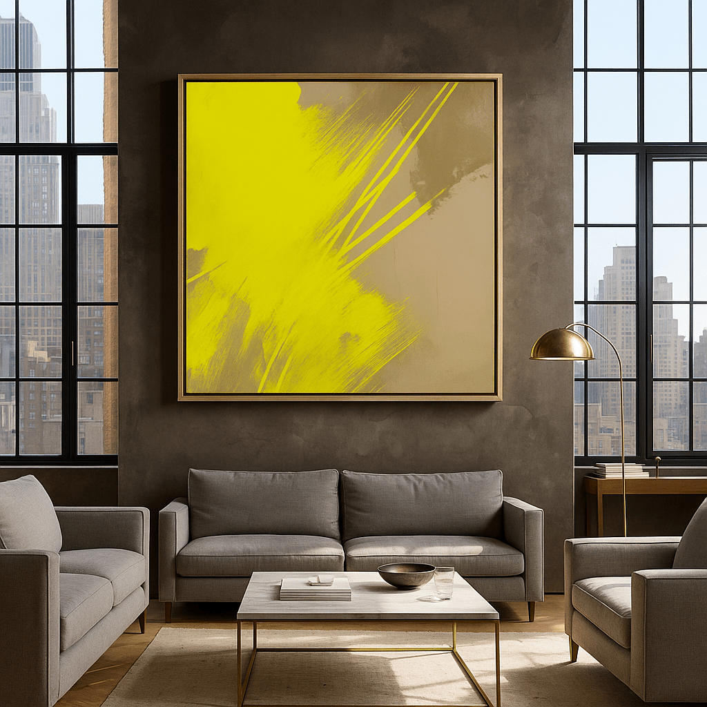 Canvas Print: Radiant Momentum – Modern Abstract Canvas Print in Yellow & Taupe | Luxury Wall Art by Chiara Rossetti modern abstract canvas wall art by Rossetti Art – luxury interior design artwork for living room, bedroom, office – abstract wall art canvas print art Chiara Rossetti
