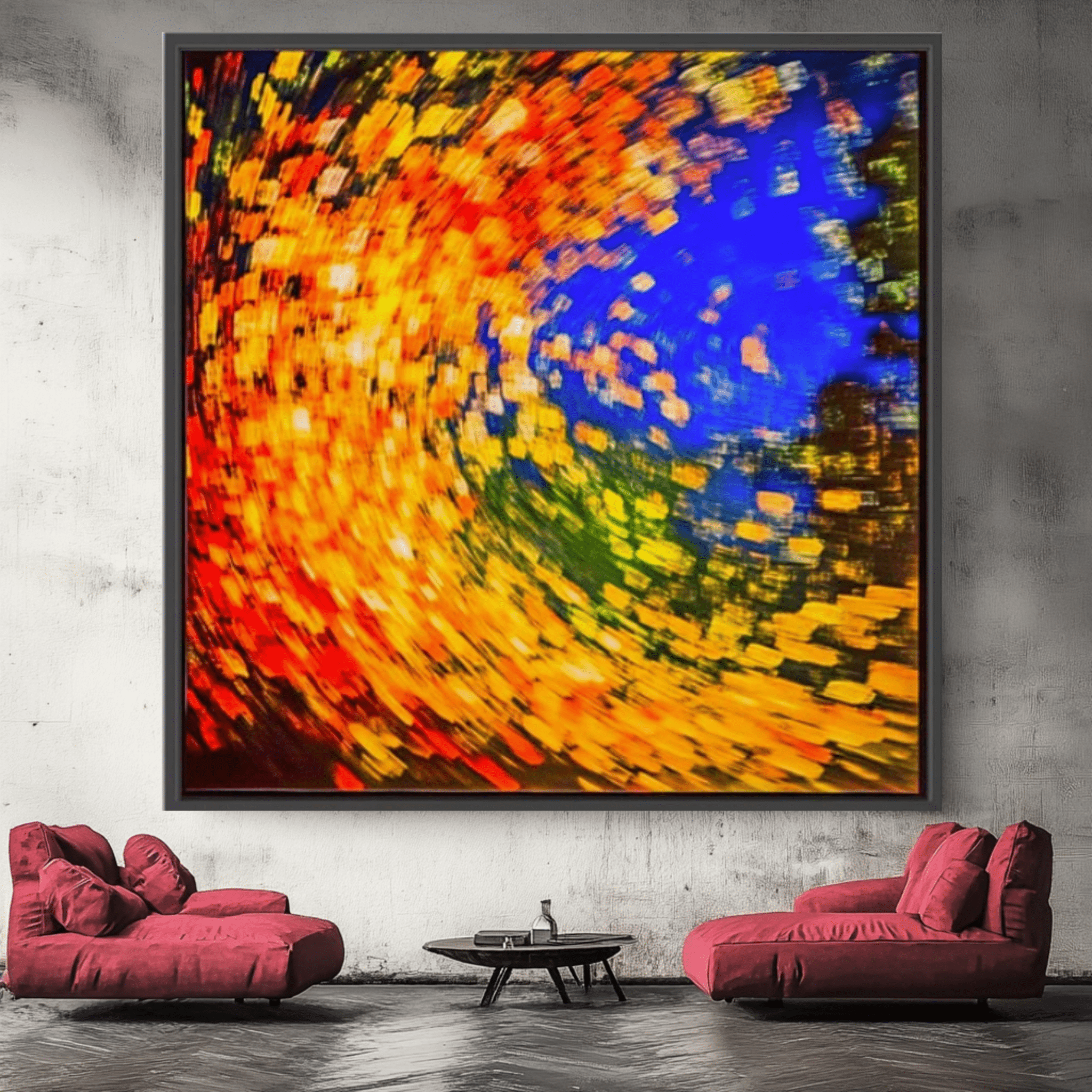 Canvas Print: Radiant Vortex - Abstract Color Spiral modern abstract canvas wall art by Rossetti Art – luxury interior design artwork for living room, bedroom, office – abstract color spiral bold home decor dynamic abstract painting