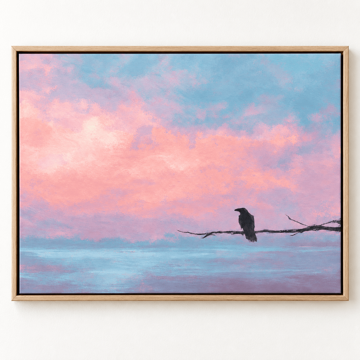 Raven Wall Art – Quiet Perch canvas print by Rossetti Art, raven on a branch against pink clouds