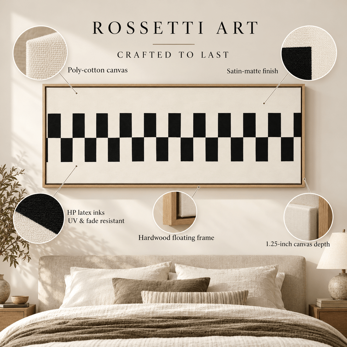 Rectangle Wall Art – Ivory Cadence canvas print above a bed with material details by Rossetti Art
