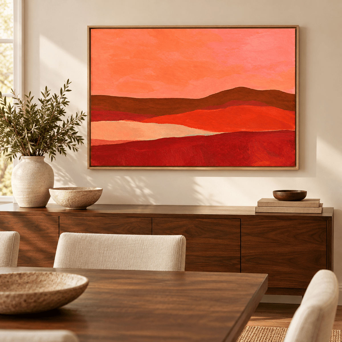 Red Abstract Art – Ember Valley by Rossetti Art over a dining room sideboard