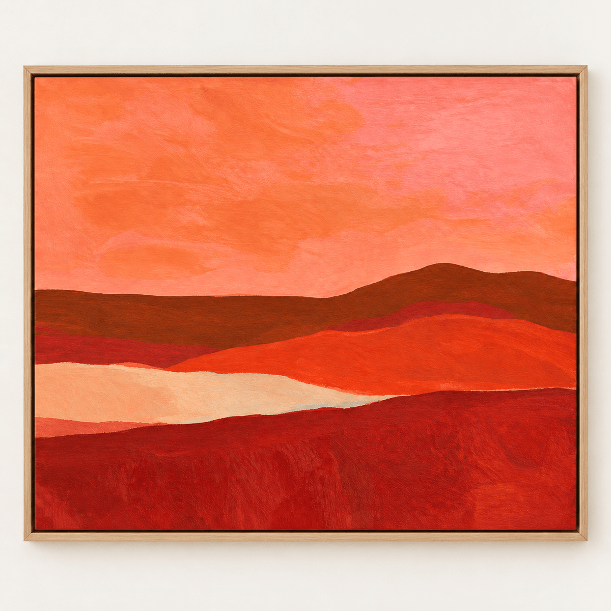 Red Abstract Art – Ember Valley by Rossetti Art, red and orange layered hills under a coral sky