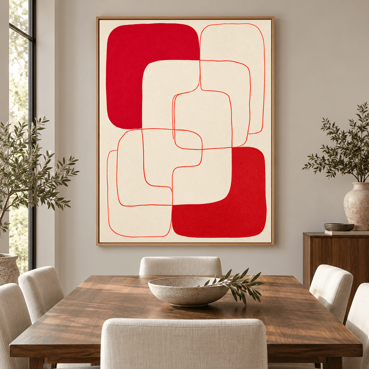 Red Abstract Painting – Crimson Loops canvas print by Rossetti Art in a dining room
