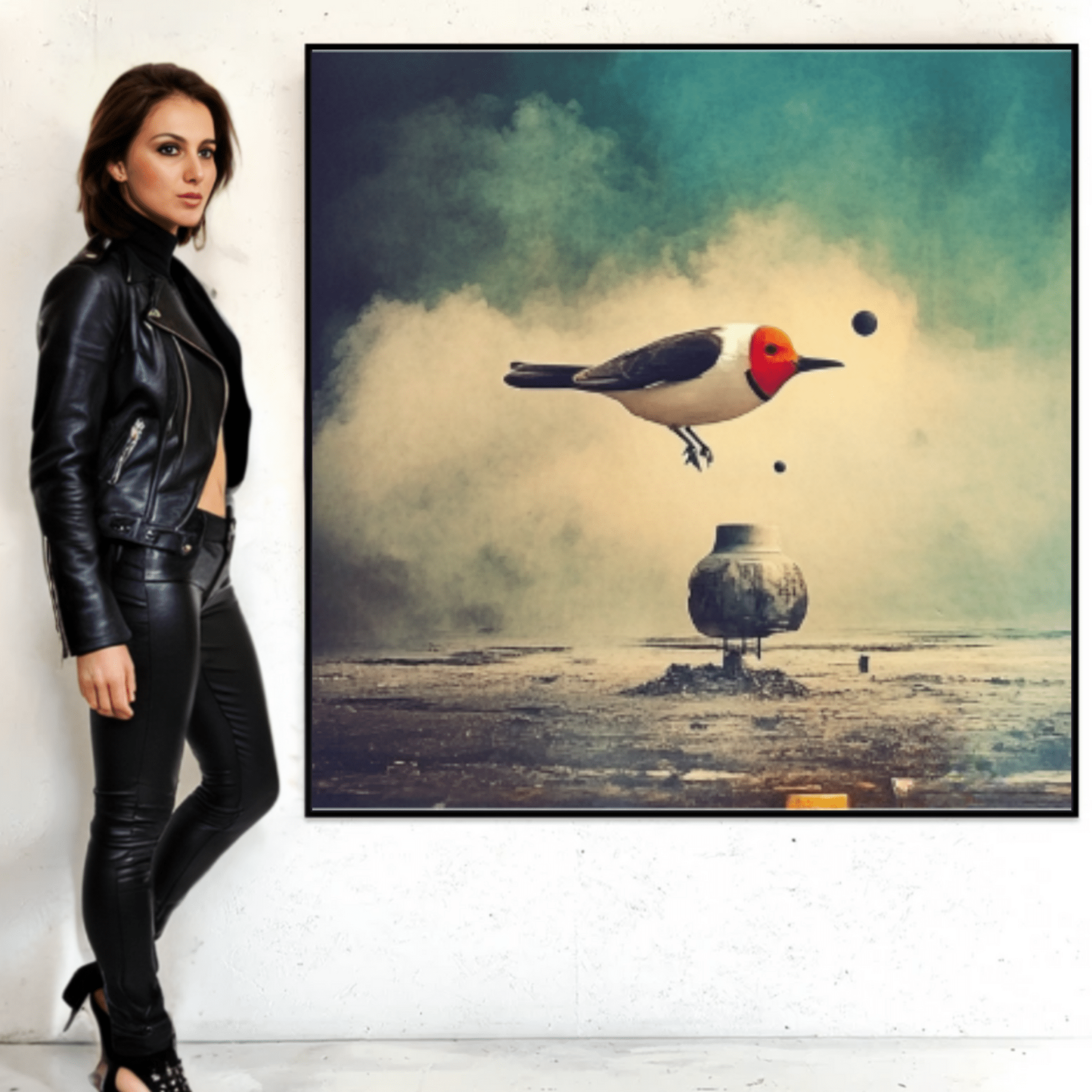 Canvas Print : Red - Crested Bird - Surreal Landscape Canvas Art Print modern abstract canvas wall art by Rossetti Art – luxury interior design artwork for living room, bedroom, office – fantasy wall art canvas nature inspired wall art Surreal Bird Art