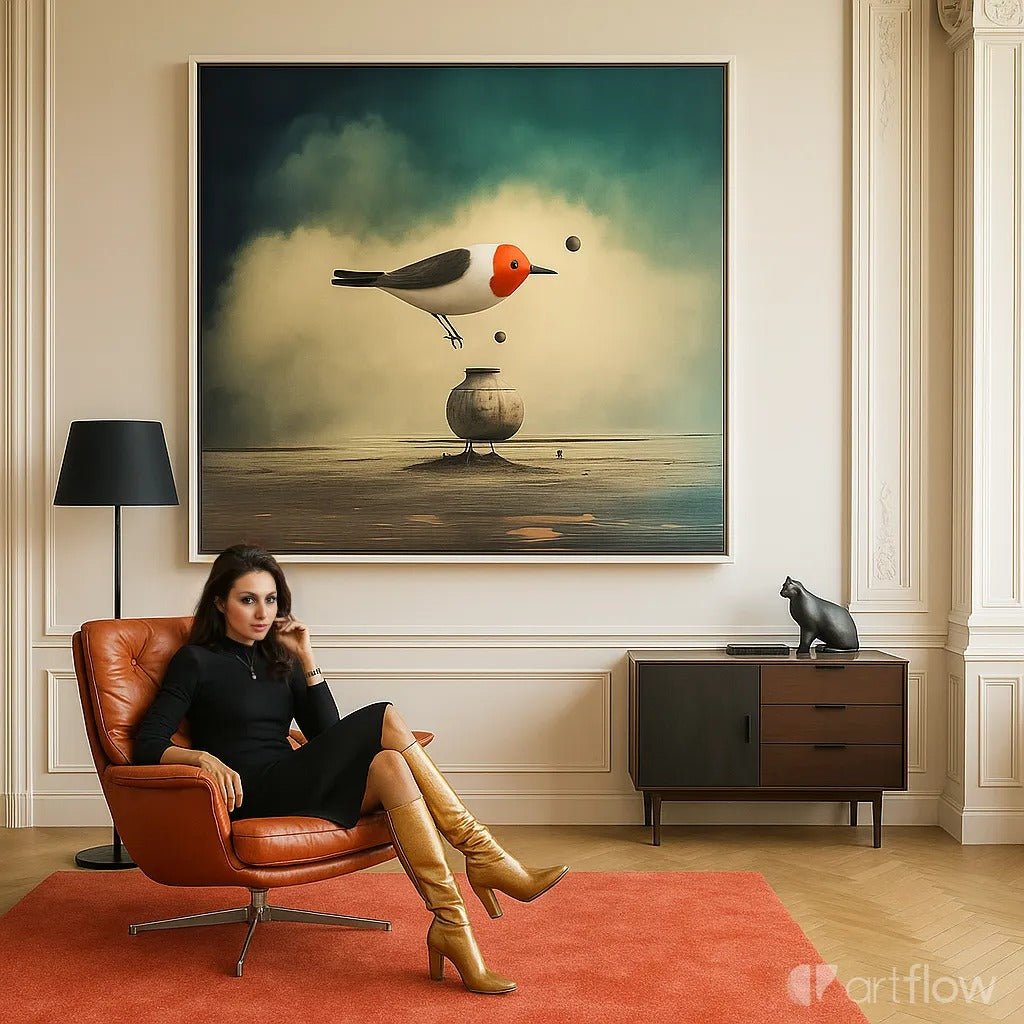 Canvas Print : Red - Crested Bird - Surreal Landscape Canvas Art Print modern abstract canvas wall art by Rossetti Art – luxury interior design artwork for living room, bedroom, office – fantasy wall art canvas nature inspired wall art Surreal Bird Art