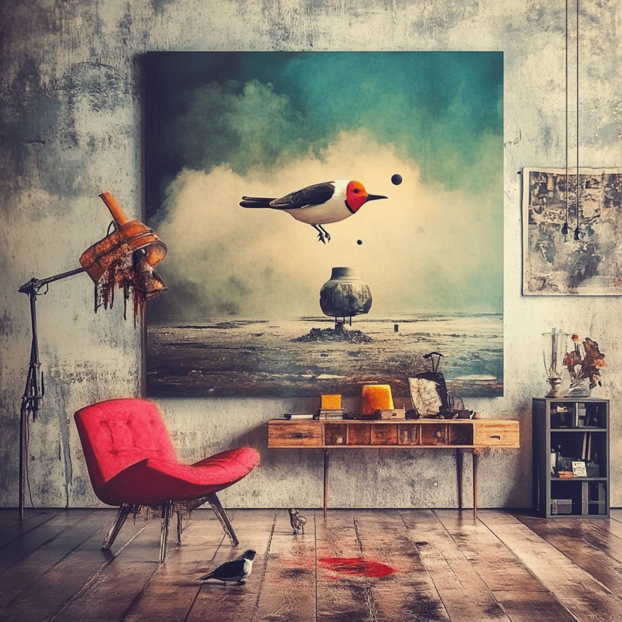 Canvas Print : Red - Crested Bird - Surreal Landscape Canvas Art Print modern abstract canvas wall art by Rossetti Art – luxury interior design artwork for living room, bedroom, office – fantasy wall art canvas nature inspired wall art Surreal Bird Art
